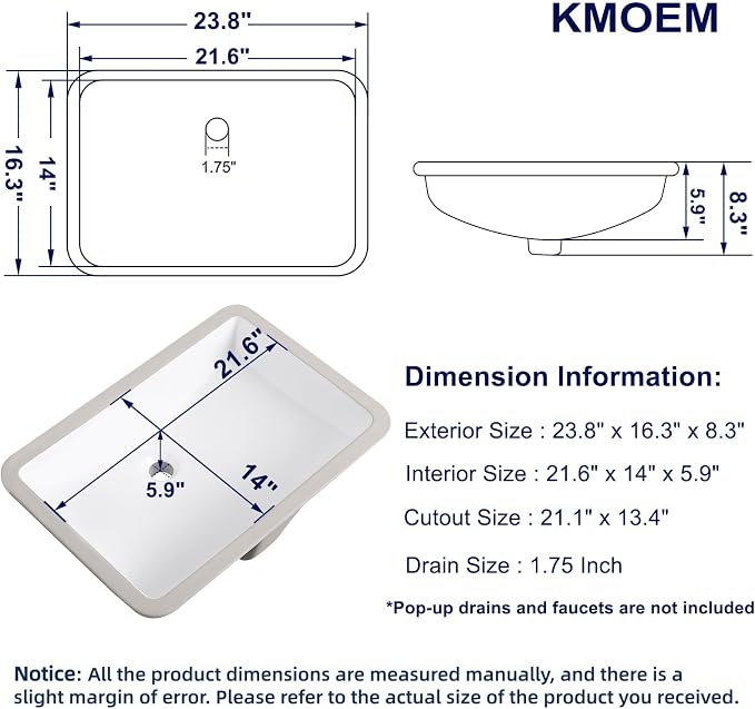 Undermount Bathroom Sink 24x16 Inch Small Bathroom Sink White Porcelain Ceramic Bathroom Under Counter Lavatory Vanity Sink Basin Rectangular Undermount Sinks with Overflow