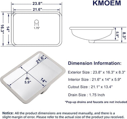 Undermount Bathroom Sink 24x16 Inch Small Bathroom Sink White Porcelain Ceramic Bathroom Under Counter Lavatory Vanity Sink Basin Rectangular Undermount Sinks with Overflow