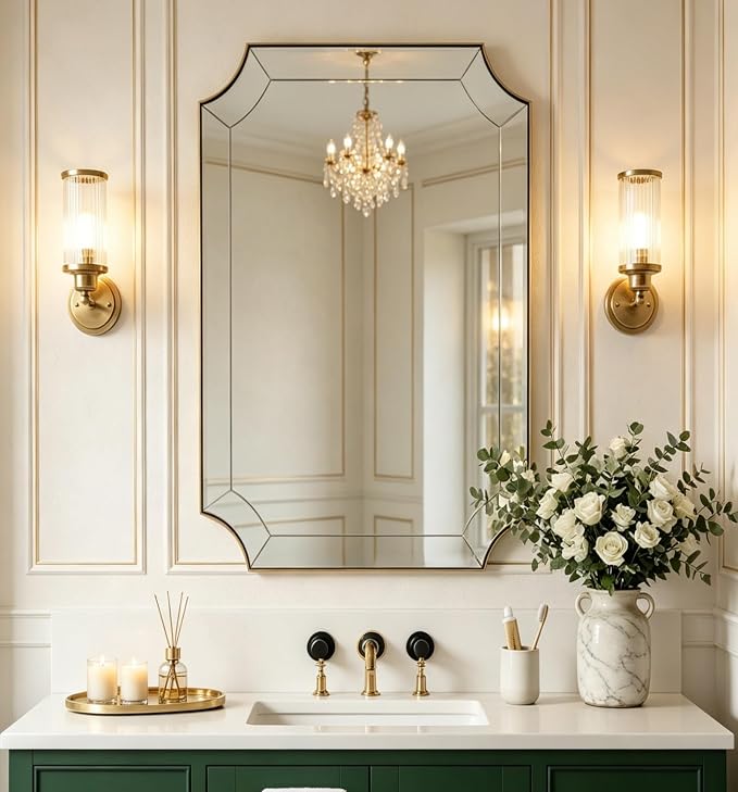 30x48 Scalloped Bathroom Mirror, Large Brushed Gold Mirror | Delicate Tessellated Glass Design, SUS304 Frame, Horizontal & Vertical