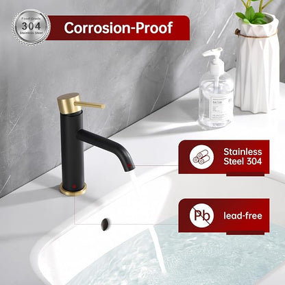 SUMERAIN Modern Single Handle Bathroom Sink Faucet, Black and Gold | Single Hole, Lead-Free, Stainless Steel, with Faucet Supply Lines, Easy DIY Install