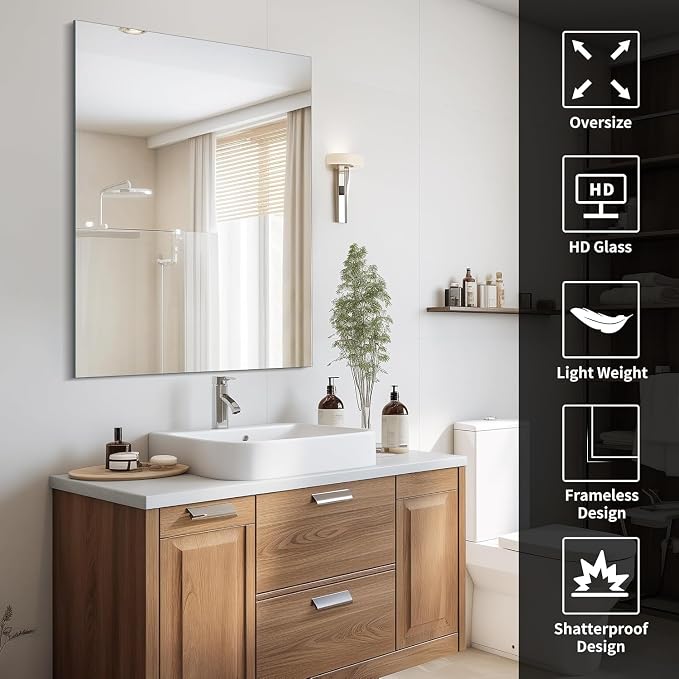 CILIBER Frameless Mirror, 30x40 Inch Rectangle Vanity Mirror for Wall, Large Bathroom Mirror Over Sink with Polished Edge, 3mm Tempered Glass, Horizontal or Vertical Hanging