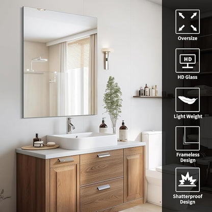 CILIBER Frameless Mirror, 30x40 Inch Rectangle Vanity Mirror for Wall, Large Bathroom Mirror Over Sink with Polished Edge, 3mm Tempered Glass, Horizontal or Vertical Hanging