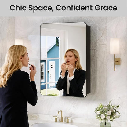 24 x 30 Black Medicine Cabinet Mirror, Recessed or Surface Mount | Bathroom mirror with storage: 6 adjustable shelves fit tall bottles; DTC soft-close hinges; rust-resistant aluminum