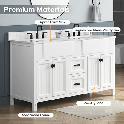 60 Inch Bathroom Vanity with Double Sink, Solid Wooden Frame Bathroom Storage Cabinet, Modern Bathroom Vanities Set Bathroom Cabinet with Soft Closing Doors & Drawers-White