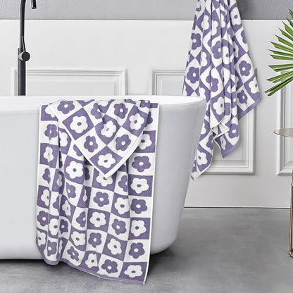 2-Pieces Luxury Bath Towels Checkered Floral, Purple Towels for Women Girls | Shower Body 27.5x55 Inches, Cute Bathroom Decor, Cotton