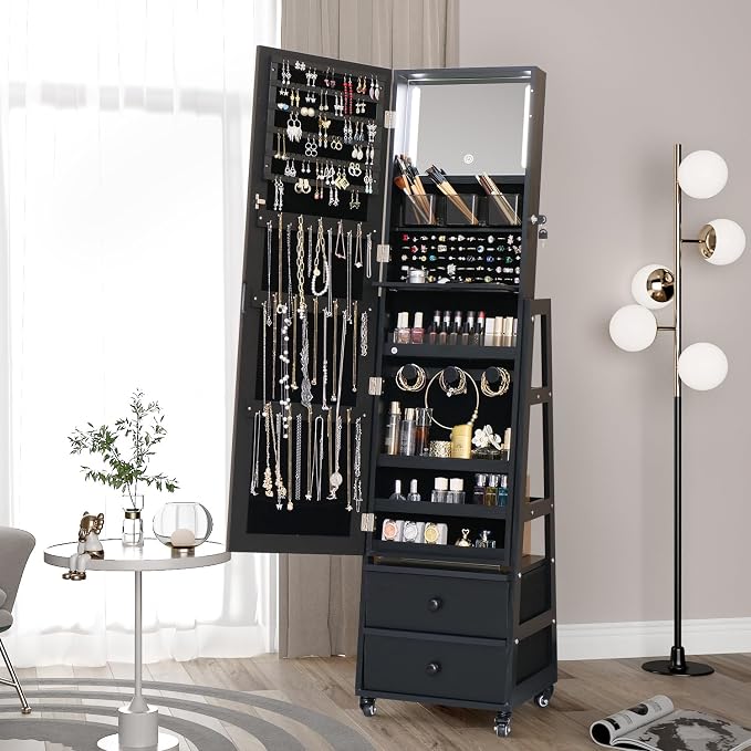 Standing Jewelry Armoire Cabinet Lockable Full Length Mirror with Drawer | Jewelry Organizer Armoire with Wheels,Floor Mirror with Back Storage Shelves for Bedroom Christmas Gift for Friend Black