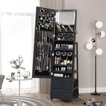 Standing Jewelry Armoire Cabinet Lockable Full Length Mirror with Drawer | Jewelry Organizer Armoire with Wheels,Floor Mirror with Back Storage Shelves for Bedroom Christmas Gift for Friend Black