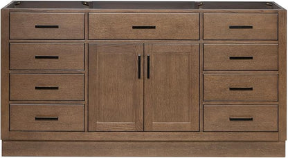 ARIEL Hepburn 66-inch Bathroom Vanity Base Cabinet,Solid Wood, 2 Soft Closing Doors, 9 Dovetail Drawers, Brown Oak