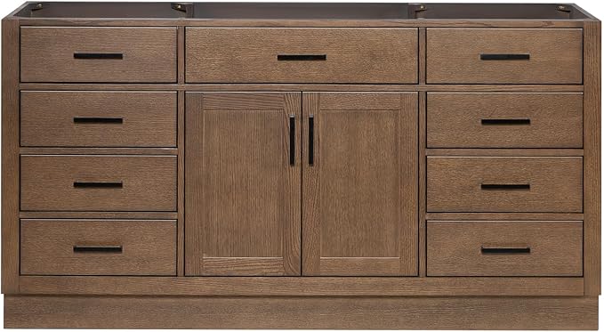 ARIEL Hepburn 66-inch Bathroom Vanity Base Cabinet,Solid Wood, 2 Soft Closing Doors, 9 Dovetail Drawers, Brown Oak