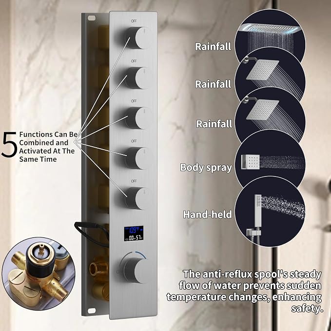 16X26 inch Shower System Brushed Nickel Shower Head and Handle Set | Temperature Display Shower Faucet with Dual 8 inch Shower Head, 6 Body Jet, Handheld Shower, 5 Functions Can All Run Together