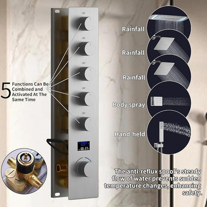 16X26 inch Shower System Brushed Nickel Shower Head and Handle Set | Temperature Display Shower Faucet with Dual 8 inch Shower Head, 6 Body Jet, Handheld Shower, 5 Functions Can All Run Together