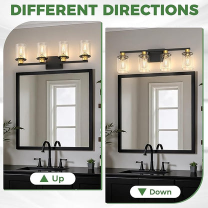 DORESshop 4-Light Black and Gold Bathroom Light Fixture with 4 Bulbs | Modern Vanity Mirror Light, Black Gold Vanity Light Fixture With Glass Shade and Bulbs, Wall Sconce for Bedroom Hallway