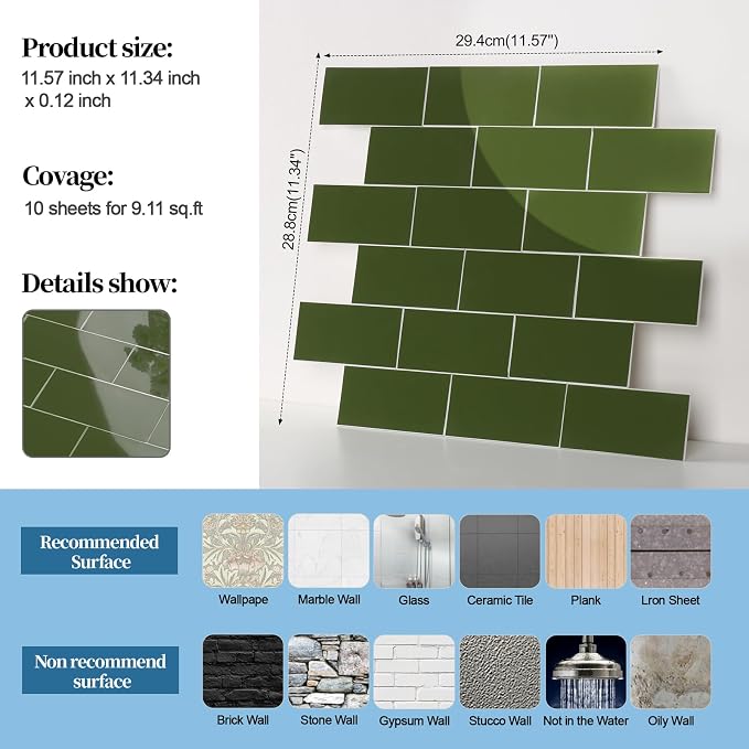 2026 New Upgrade Peel and Stick Backsplash Tile, Peel and Stick 11.34" X 11.57" Wall Tile for Kitchen, Bathroom, Fireplace, Laundry (Polished Green, 1 Pack)
