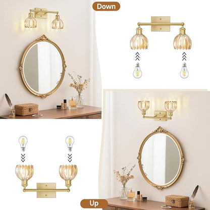 2 Light Bathroom Vanity Lights Over Mirror,Vintage Wall Sconce,Antique Brass Bathroom Light Fixtures,Tulip Sconces Wall Lighting with Amber Thick Glass Shade for Bedroom Living Room, E26 Base