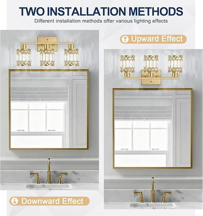 Crystal Modern Bathroom Light Fixtures, 3-Light Brushed Gold Bathroom Vanity Wall Light, Vanity Lights for Mirror, Restroom, Bedroom (E26 Socket, Bulbs Not Included)