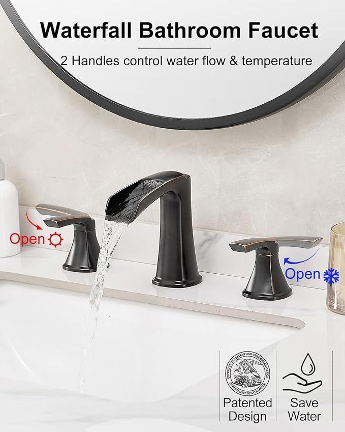 Brass Waterfall Faucet, Oil Rubbed Bronze Bathroom Sink Faucet, 4-16 Inch Widespread Bathroom Faucet, 2 Handle Bathroom Faucets for Sink 3 Hole with Overflow Pop-up Drain for Farmhouse Apartment