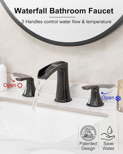 Brass Waterfall Faucet, Oil Rubbed Bronze Bathroom Sink Faucet, 4-16 Inch Widespread Bathroom Faucet, 2 Handle Bathroom Faucets for Sink 3 Hole with Overflow Pop-up Drain for Farmhouse Apartment