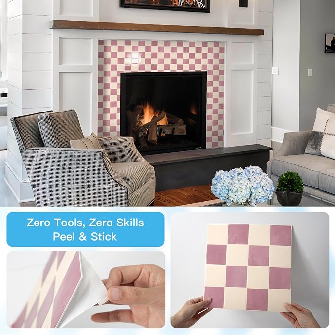 Art3d Grid Peel and Stick Backsplash, 10-Pack, 12" x 12", Pink & Warm White | Enhanced Thickness, Strong Adhesion, Moisture Resistant, Long-Lasting, Minimalist Look, DIY Friendly, for Kitchen Countertops
