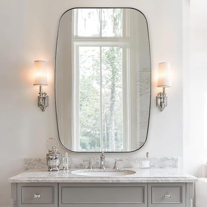 32x48 Chrome Bathroom Mirror, Oblong Silver Mirror with Stainless Steel Metal Frame, Oval Vanity Mirror for Over Sink, Modern Anti Rust Wall Mounted