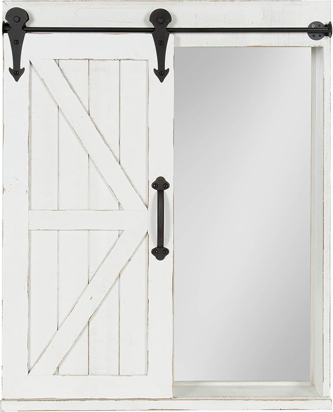Kate and Laurel Cates Decorative Wood Wall Storage Cabinet with Rectangle Mirror and Sliding Barn Door, 22 x 28, Rustic White, Farmhouse Decor for Wall Storage