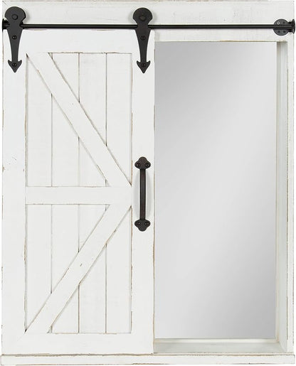 Kate and Laurel Cates Decorative Wood Wall Storage Cabinet with Rectangle Mirror and Sliding Barn Door, 22 x 28, Rustic White, Farmhouse Decor for Wall Storage