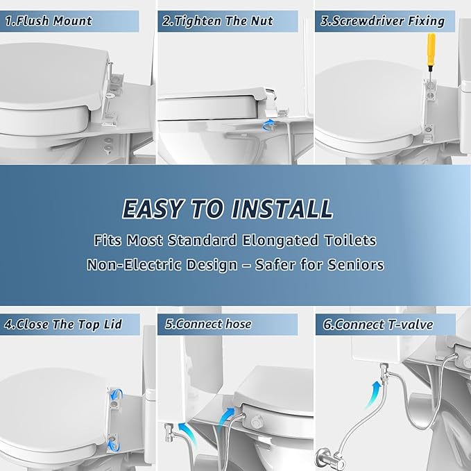 Raised Bidet Toilet Seat Elongated 18.5" – Soft Close, Dual Self-Cleaning Nozzles, Quick Release & Connect, Sturdy PP, Won't Loosen, Ideal for Seniors, Elderly & Limited Mobility, White