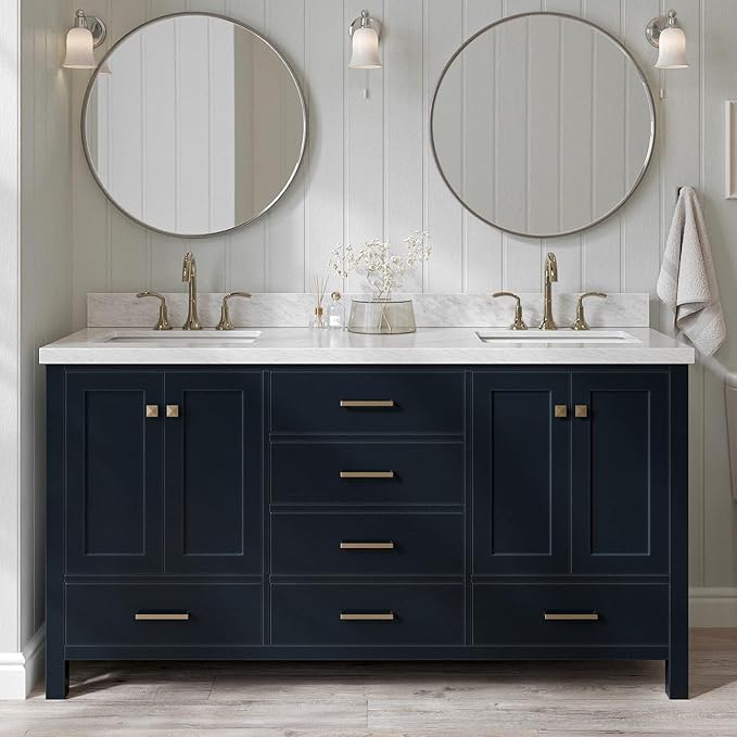 ARIEL Cambridge 66-inch Bathroom Vanity with Sink,Solid Wood, 1.5-inch Carrara White Quartz Countertop, Double Rectangular Porcelain Sink, 4 Soft Closing Doors, 6 Dovetail Drawers, Midnight Blue