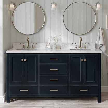 ARIEL Cambridge 66-inch Bathroom Vanity with Sink,Solid Wood, 1.5-inch Carrara White Quartz Countertop, Double Rectangular Porcelain Sink, 4 Soft Closing Doors, 6 Dovetail Drawers, Midnight Blue