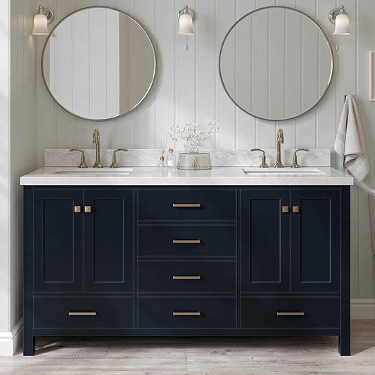 ARIEL Cambridge 66-inch Bathroom Vanity with Sink,Solid Wood, 1.5-inch Carrara White Quartz Countertop, Double Rectangular Porcelain Sink, 4 Soft Closing Doors, 6 Dovetail Drawers, Midnight Blue