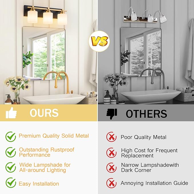 3 Light Modern Bathroom Light Fixtures Over Mirror, Black Gold Vanity Lights for Bathroom Wall Sconces with Milky White Glass Shades, E26 Socket (Bulbs Not Included)