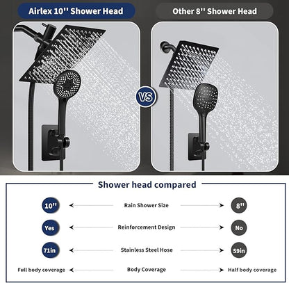 Airlex Shower Head Rain Shower Head with Handheld Spary, High Pressure Rainfall Showerhead and 4 Modes Handheld Shower Heads Built-in Power Wash with 71 Inch Stainless Steel Hose, 10'' Matte Black