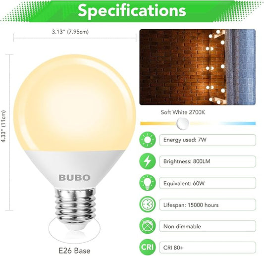 BUBO Vanity Light Bulbs for Bathroom Over Mirror, 60 Watt Equivalent, Soft White 2700K, G25 Globe Light Bulb 800 Lumens, Round Bulb with E26 Medium Base, 7W, Non-Dimmable, 12 Pack