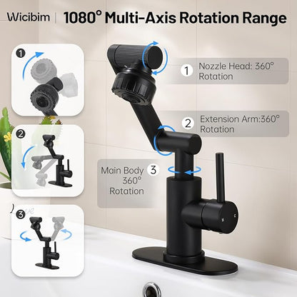 Wicibim Matte Black Bathroom Sink Faucet, Stainless Steel 1080° Rotatable Bathroom Faucet, Single Handle, 1 or 3 Hole, 2 Water Outlet Modes with Hot and Cold Hoses,Swivel Faucet
