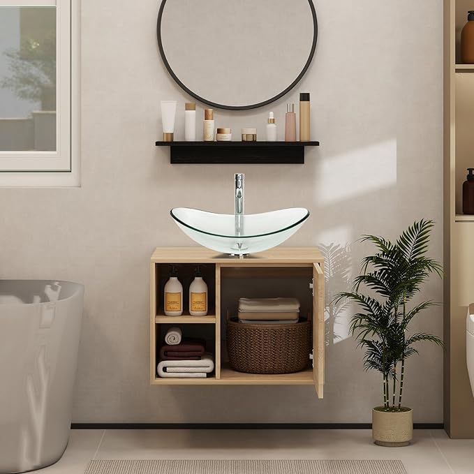 YOURLITE Floating Bathroom Vanity with Sink, Wall-Mounted, 24" Bathroom Vanity and Sink Combo with Mirror and Faucet & Pop Up Drain Set Clear Glass Boat Sink