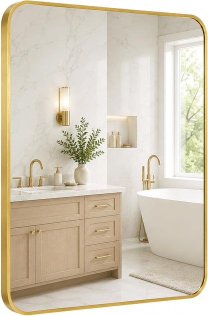 30x36 Inch Brushed Gold Rounded Rectangle Bathroom Vanity Mirror | For Over-Sink Bathrooms, Corrosion-Resistant Aluminum Frame, Slim Front Profile, Two-Way Mount, Protective Packaging