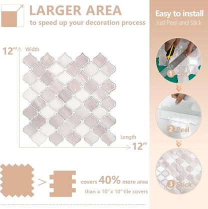 STICKGOO Arabesque Peel and Stick Backsplash, 12”X12” Backsplash Tile for Kitchen Peel and Stick, Self Adhesive Wall Tile Stick on Tiles (Pink Beige White)
