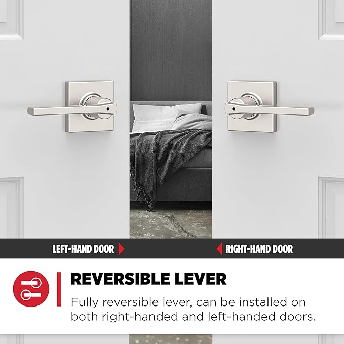 Kwikset Casey Door Handle, Satin Nickel | Interior Privacy Lock | For Bathroom and Bedroom | Reversible | Pack of 6