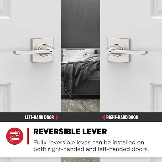 Kwikset Casey Door Handle, Satin Nickel | Interior Privacy Lock | For Bathroom and Bedroom | Reversible | Pack of 6