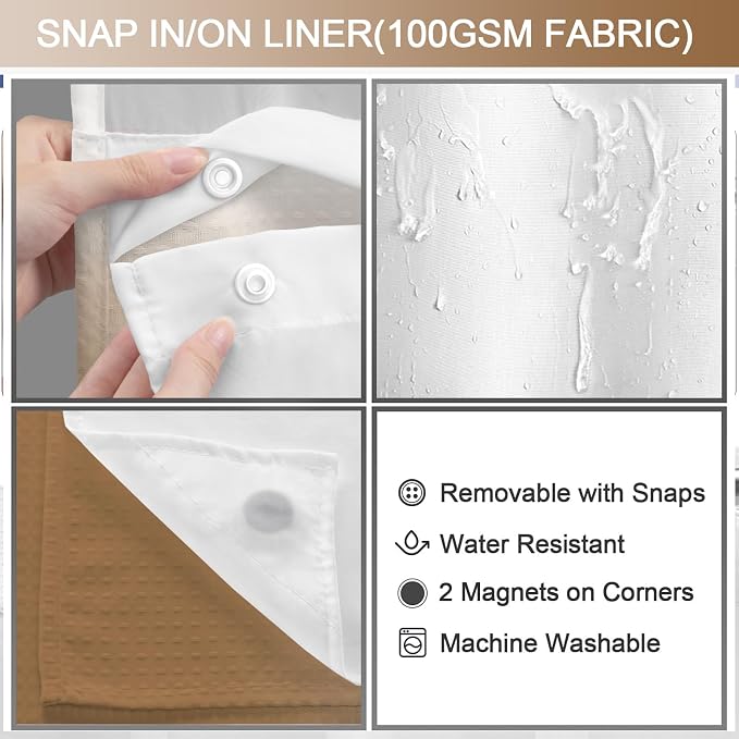 No Hook Shower Curtain and Liner Set,Ombre Beige Hotel Waffle Shower Curtain with Liner 75" L x 72" W | Washable Snap in Fabric Liner, Mesh Top Window, Waffle Hotel Style Shower Curtain Set