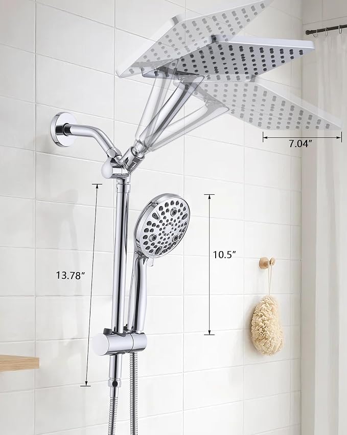PDPBath High Pressure Rainfall Shower Head with Handheld Combo, Height Adjustable Dual Handheld Shower Head Combo with Slide Bar for Easy Reach, Chrome