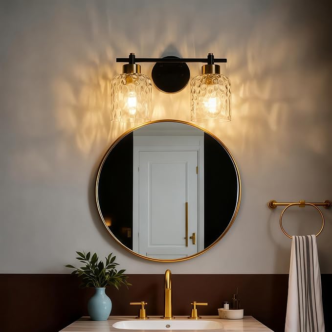2 Light Black and Brass Vanity Light with Hammered Glass over Mirror Makeup | 13.7" Black and Gold Farmhouse Bathroom Light Fixtures, Vanity Lighting Fixtures, Rustic Vanity Lights for Bathroom Lights