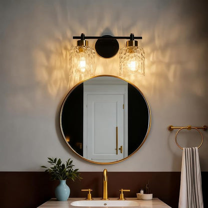 2 Light Black and Brass Vanity Light with Hammered Glass over Mirror Makeup | 13.7" Black and Gold Farmhouse Bathroom Light Fixtures, Vanity Lighting Fixtures, Rustic Vanity Lights for Bathroom Lights
