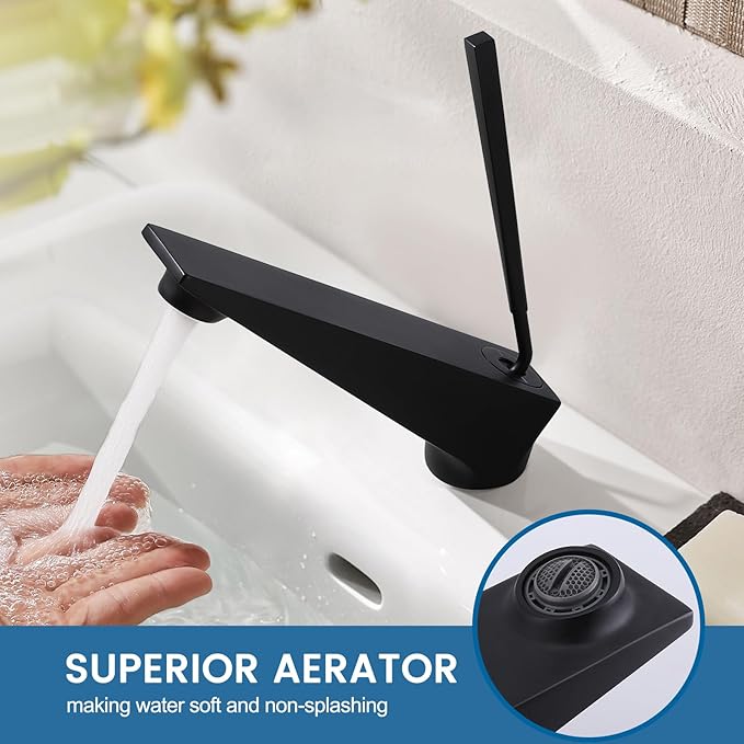 Bathroom Sink Faucet Matte Black, Single Handle Brass Sink Faucet with Unique Design, Single Hole Basin Mixer for Lavatory, Vanity, RV, Modern Farmhouse, Suitable for 1 Hole