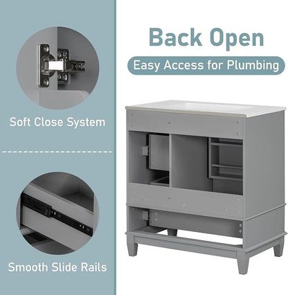 Merax Bathroom Vanity with Ceramic Sink 30 Inch, Cabinet with One Door and Three Drawers, Soft-Closing Door, Solid Wood Legs, Gray