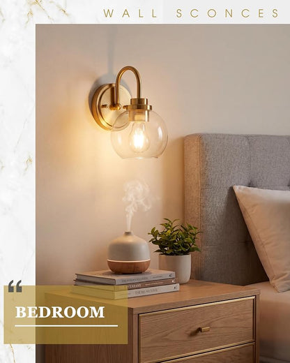 Brushed Gold Wall Sconces Set of 2 with Globe Clear Glass Shade | Modern design, hardwired, E26 socket, suited for bathroom mirror side, bedside, hallway, or entryway, AD-22280-1W2-GD