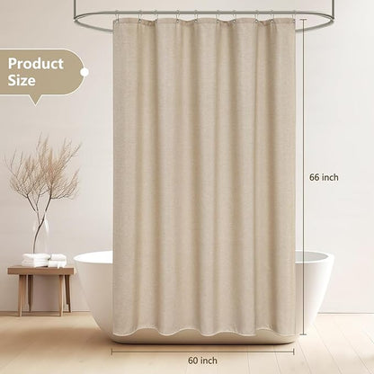 60 x 66 inch Taupe Short Fabric Shower Curtain Water-Resistant, Faux Linen Textured Farmhouse Shower Curtain Heavyweight, 60''W Washable Small Bathroom Curtain Tan for Rv Trailer