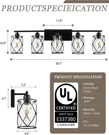 5-Light Matte Black Bathroom Light Fixtures Over Mirror, 38" UL-Listed Modern Wall Sconce Lights with Clear Glass and Metal Cage for Bath, Hardwire E26, CH9176BK-5W