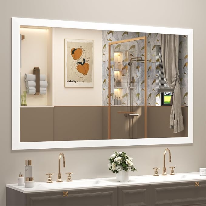 SMIROR 60x36 Matte White Bathroom Vanity Mirror for Over Sink | Metal Wide Frame, Rectangle, Right- Angle Corner, Anti-Rust, Horizontally or Vertically Wall- Mounted for Home Remodel