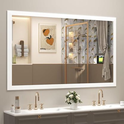 SMIROR 60x36 Matte White Bathroom Vanity Mirror for Over Sink | Metal Wide Frame, Rectangle, Right- Angle Corner, Anti-Rust, Horizontally or Vertically Wall- Mounted for Home Remodel
