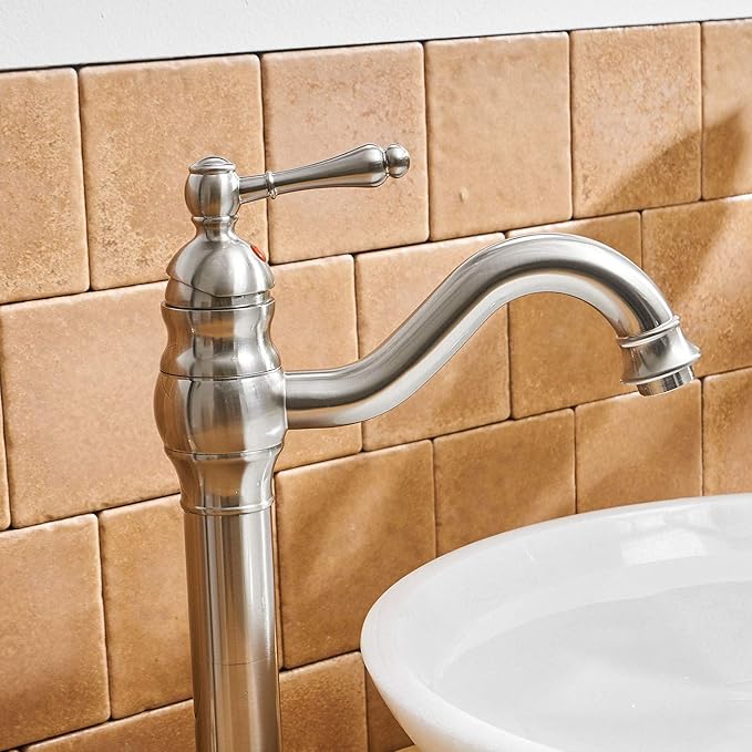 BWE 360°Swivel Bathroom Vessel Sink Faucet Brushed Nickel Single Handle One Hole Lavatory Mixer Tap with Pop Up Drain Assembly Without Overflow and Supply Line Tap Body
